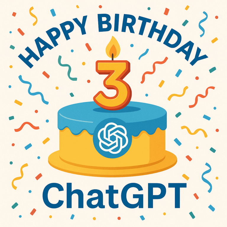 Header image for a LinkedIn and blog article about ChatGPT’s third birthday and the evolution of AI, highlighting AI trends, communication strategy, digital PR, visibility, leadership, and the future of marketing and search by Barbara Rozgonyi for wiredPRworks.