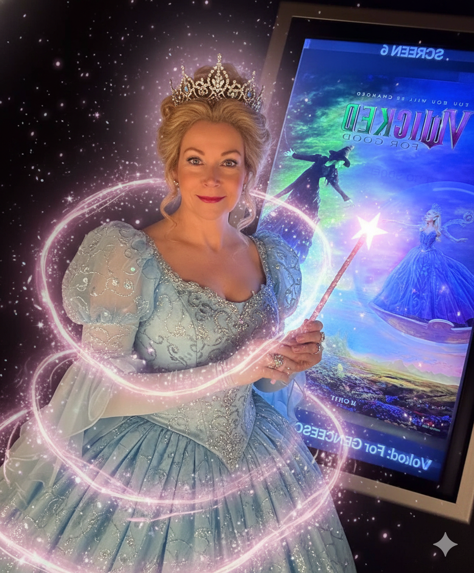 Barbara Rozgonyi as Glinda in Wicked for Good as imagined by Gemini for a blog post and linkedin article.